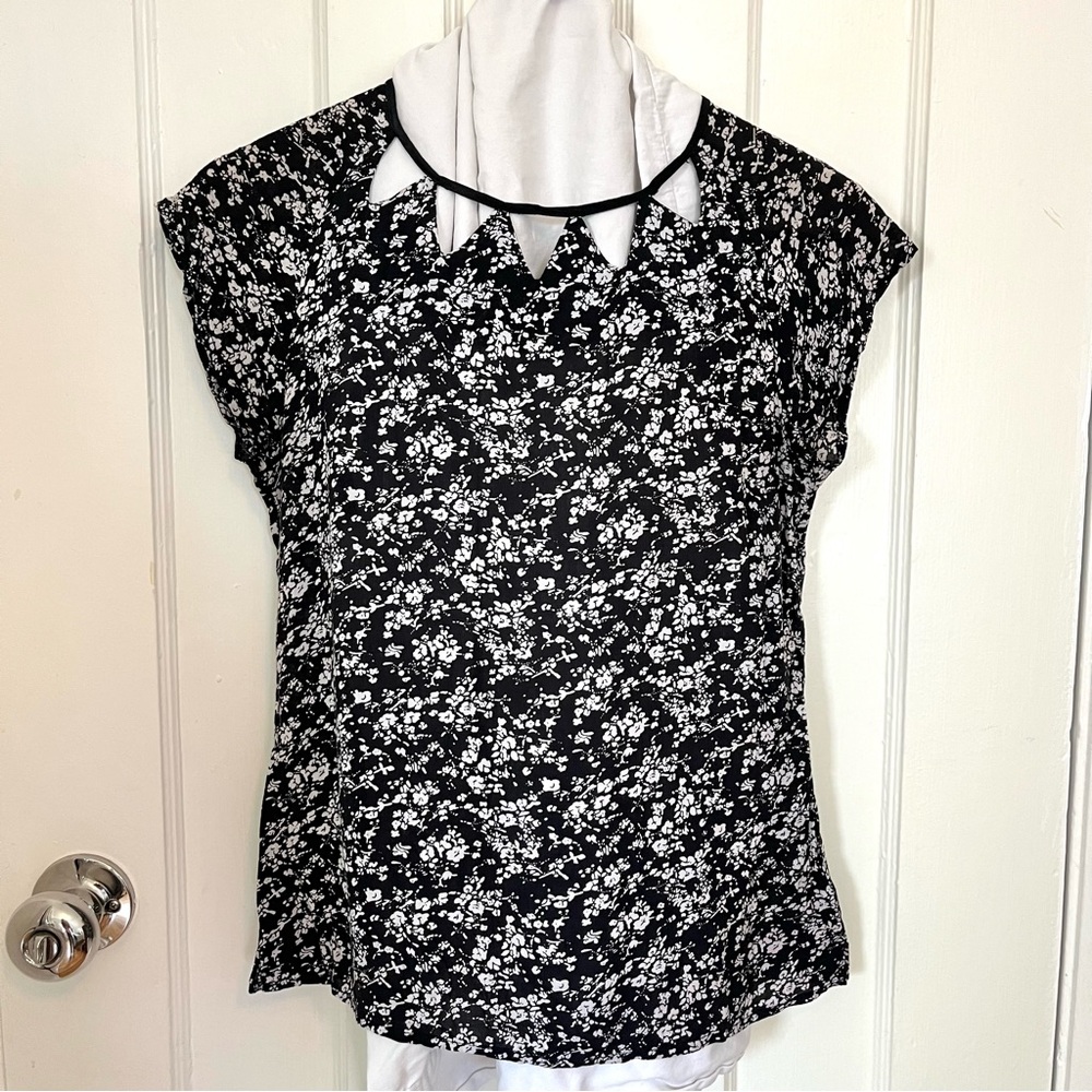 Brooklyn Industries Black and White Floral Top with Cut Out Collar